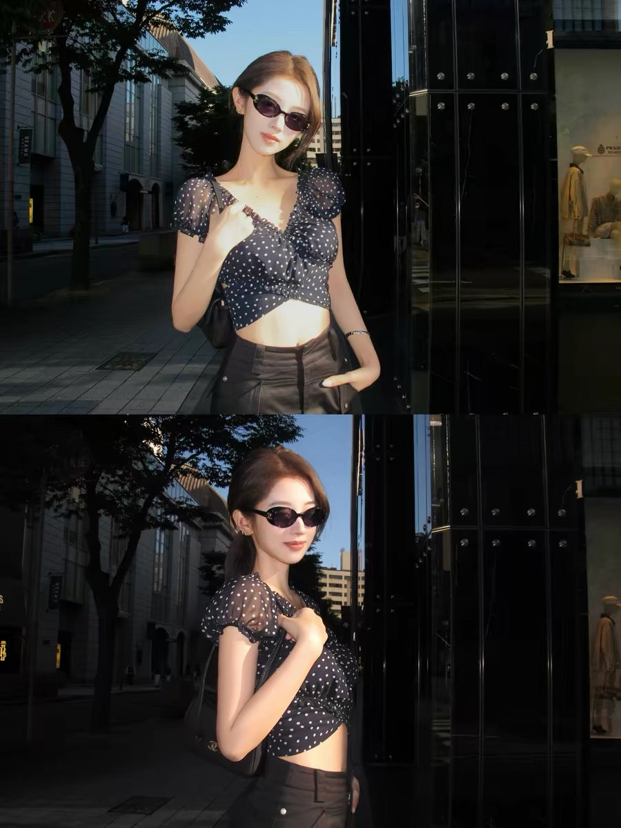 CHICYOU "Midsummer Polka" Navy Blue Retro Crossover V-Neck Chiffon Stretch Short-Sleeve Top