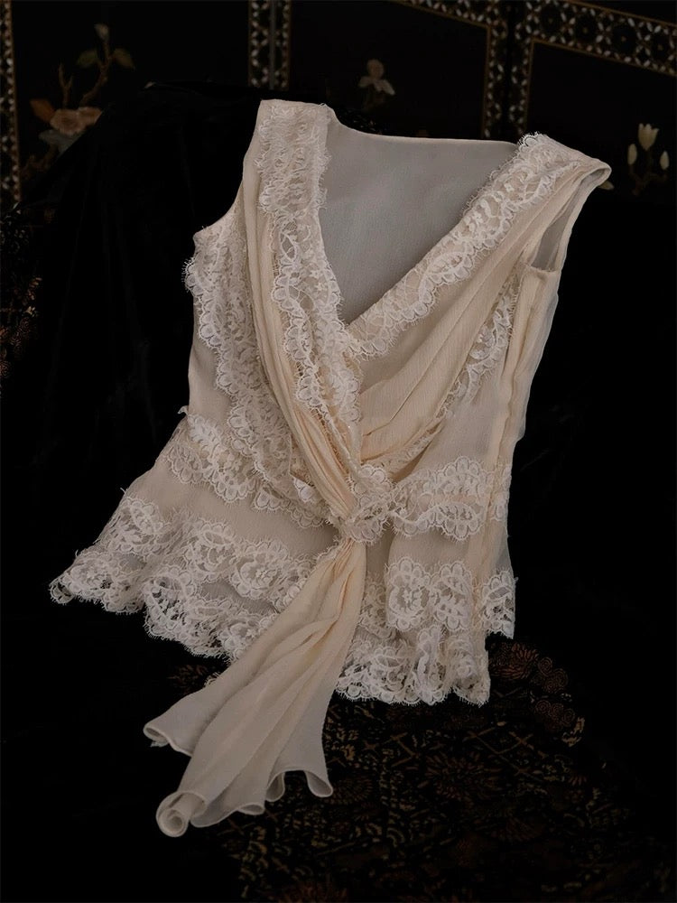 Pink lace sleeveless top for women asymmetrical twisted design 2025 new pure desire gentle style V-neck vest