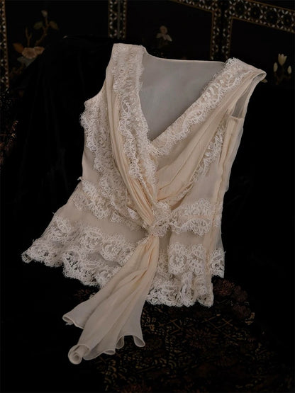 Pink lace sleeveless top for women asymmetrical twisted design 2025 new pure desire gentle style V-neck vest
