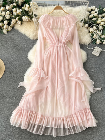 French-style resort-inspired shawl cardigan, spring women's design, ruffled hem, slim fit, long bell sleeve chiffon blouse