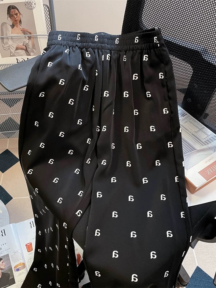 American high street retro letter print ice silk cool pants men and women summer straight wide leg casual drape long pants