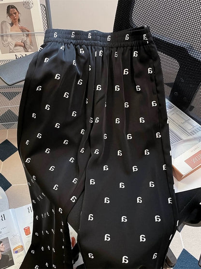 American high street retro letter print ice silk cool pants men and women summer straight wide leg casual drape long pants