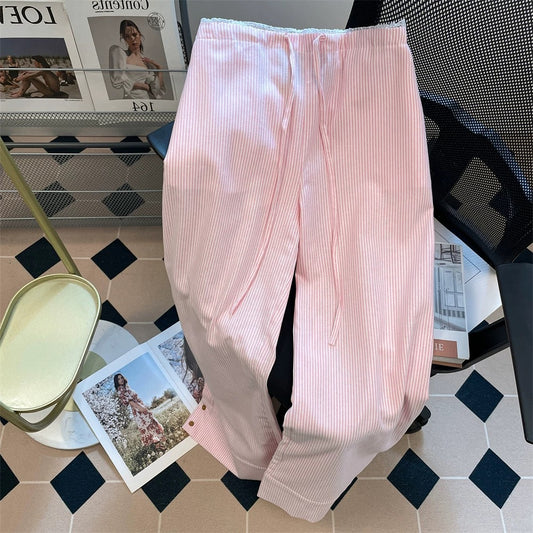 Pink design niche striped wide-leg casual trousers for men and women in summer unique and beautiful straight-leg mopping trousers