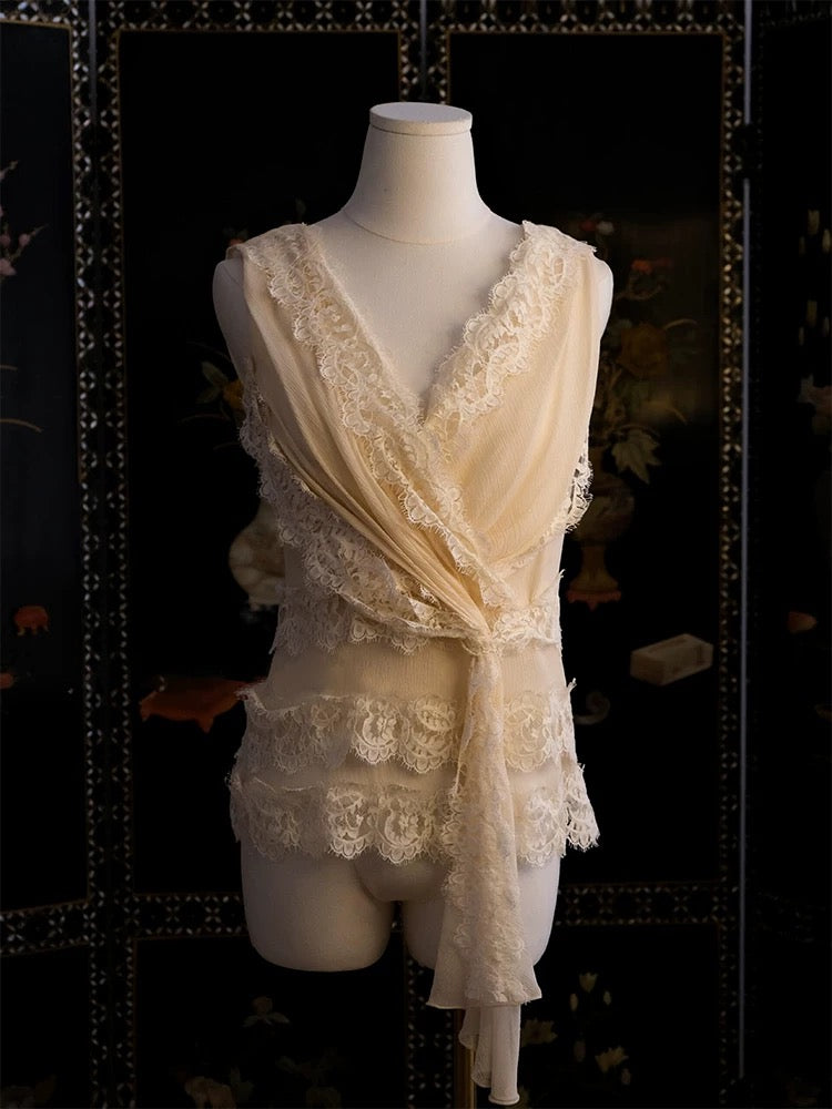 Pink lace sleeveless top for women asymmetrical twisted design 2025 new pure desire gentle style V-neck vest