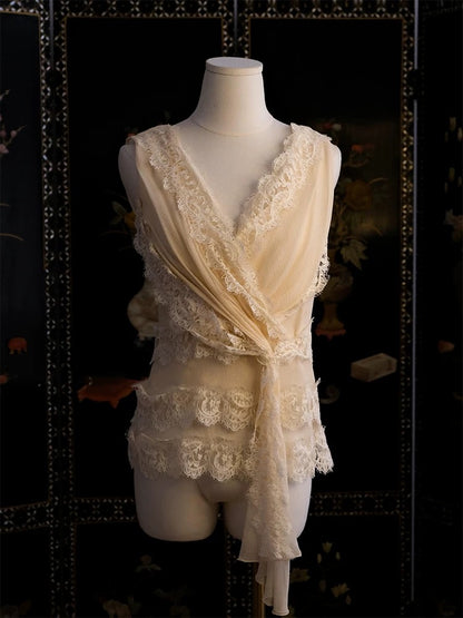 Pink lace sleeveless top for women asymmetrical twisted design 2025 new pure desire gentle style V-neck vest
