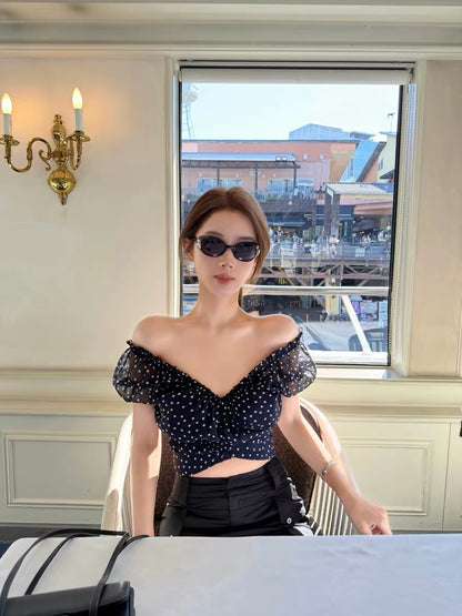 CHICYOU "Midsummer Polka" Navy Blue Retro Crossover V-Neck Chiffon Stretch Short-Sleeve Top