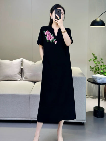 ZEROYK European new Chinese style little black dress acetate hemp heavy industry beaded embroidery loose slim dress