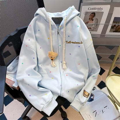 Dopamine color polka dot bear sweater cardigan women's autumn Korean version milk fufu cute hooded top jacket