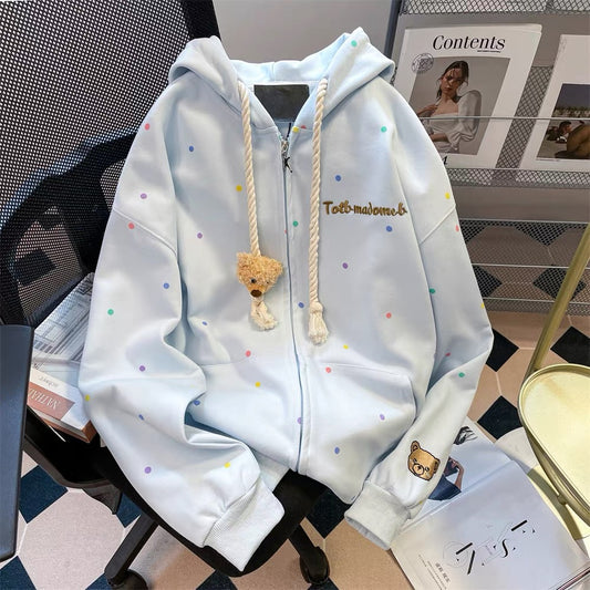 Dopamine color polka dot bear sweater cardigan women's autumn Korean version milk fufu cute hooded top jacket