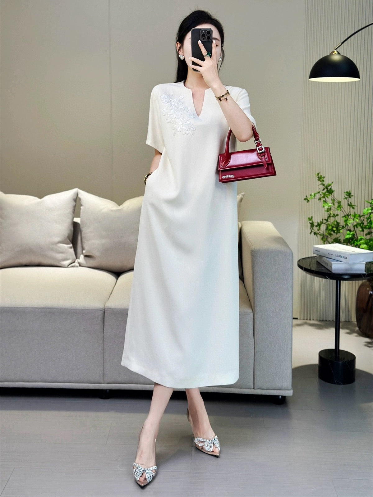 ZEROYK European new Chinese style little black dress acetate hemp heavy industry beaded embroidery loose slim dress