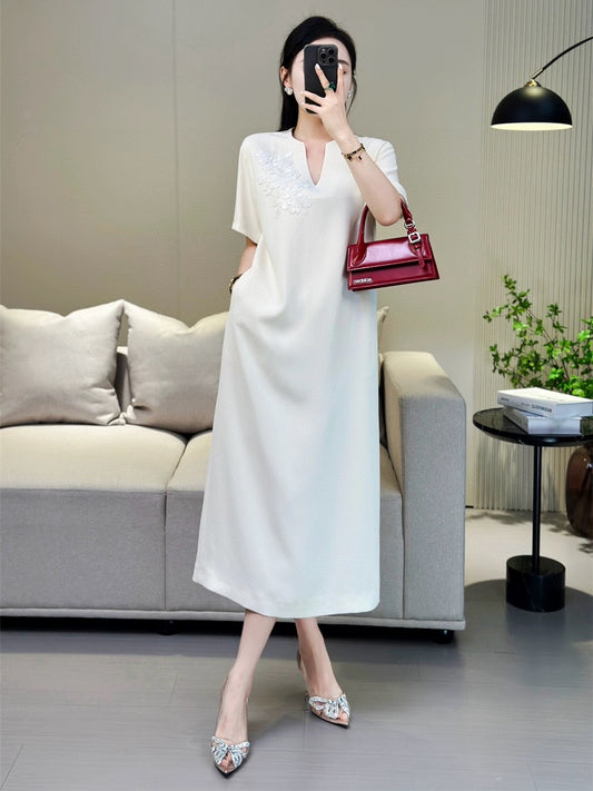 ZEROYK European new Chinese style little black dress acetate hemp heavy industry beaded embroidery loose slim dress
