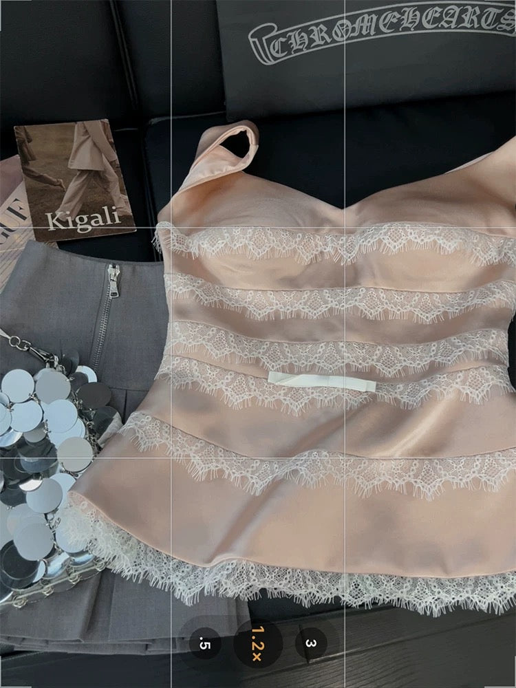 Pink lace splicing camisole female sweet pure desire hot girl style 2025 summer temperament one shoulder top