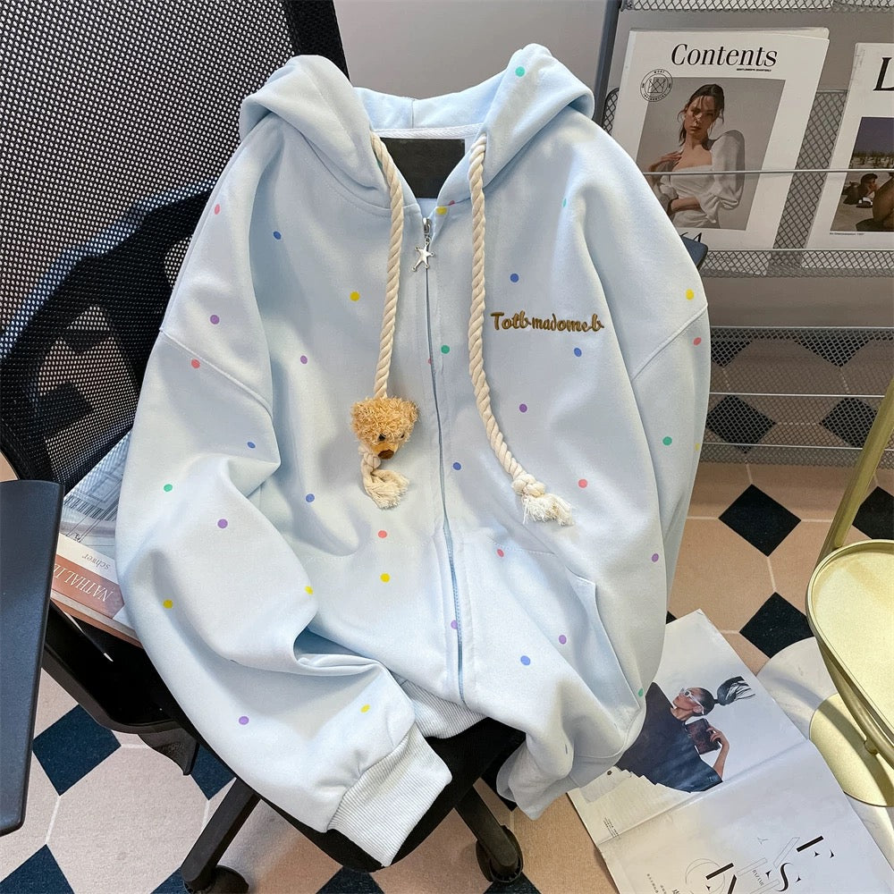 Dopamine color polka dot bear sweater cardigan women's autumn Korean version milk fufu cute hooded top jacket