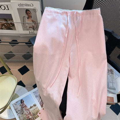 Pink design niche striped wide-leg casual trousers for men and women in summer unique and beautiful straight-leg mopping trousers