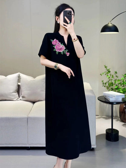 ZEROYK European new Chinese style little black dress acetate hemp heavy industry beaded embroidery loose slim dress