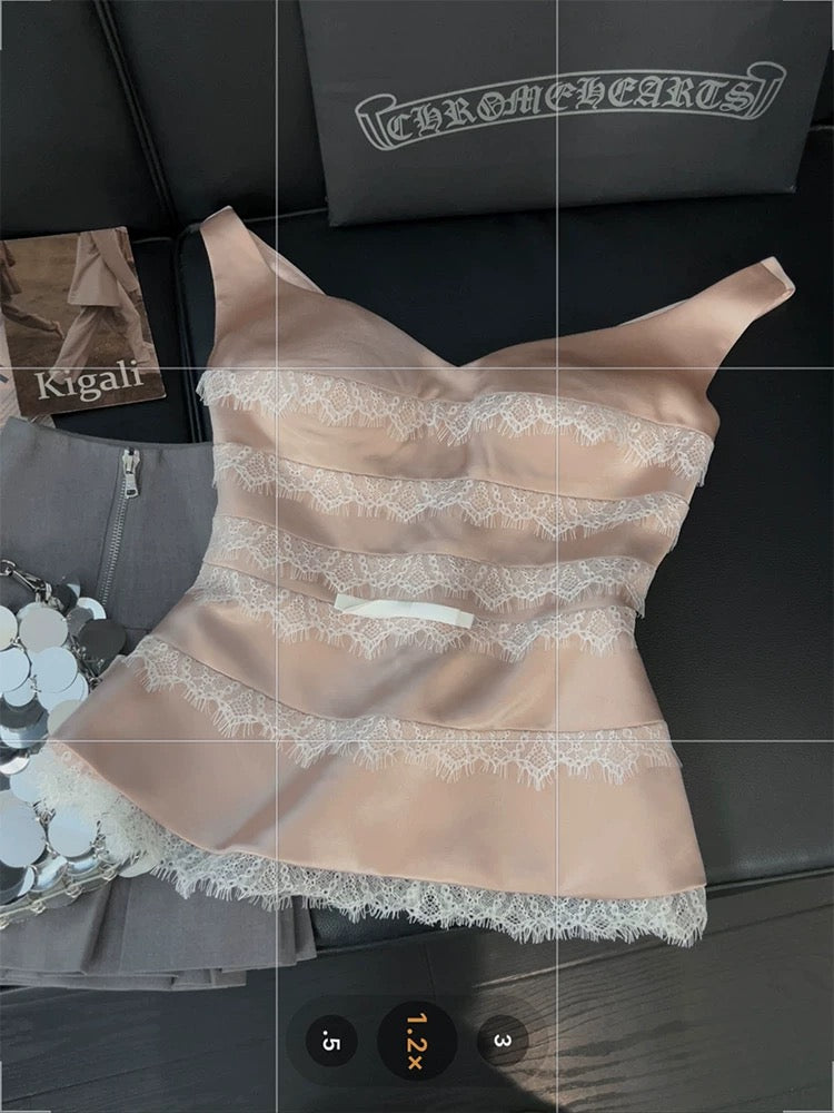 Pink lace splicing camisole female sweet pure desire hot girl style 2025 summer temperament one shoulder top