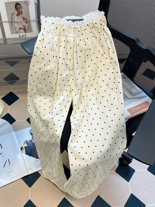Super beautiful lace stitching polka dot floor-length trousers for men and women in summer high-end straight wide-leg casual trousers