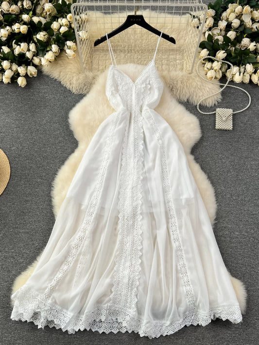 White Moonlight Dress, French-style Pure and Elegant Lace-up Spaghetti Strap Fairy Dress, Unique and Distinctive Vacation Dress