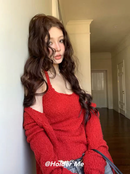 HOLDER 2026 Autumn/Winter New Women’s Two-Piece Set: Spaghetti-Strap Knit Tank Top + Casual Tie-Front Cardigan