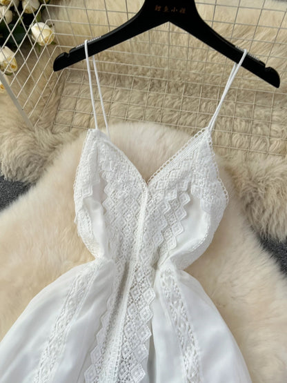 White Moonlight Dress, French-style Pure and Elegant Lace-up Spaghetti Strap Fairy Dress, Unique and Distinctive Vacation Dress