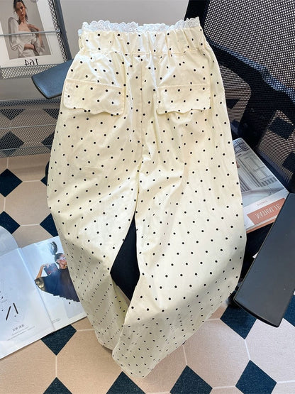 Super beautiful lace stitching polka dot floor-length trousers for men and women in summer high-end straight wide-leg casual trousers