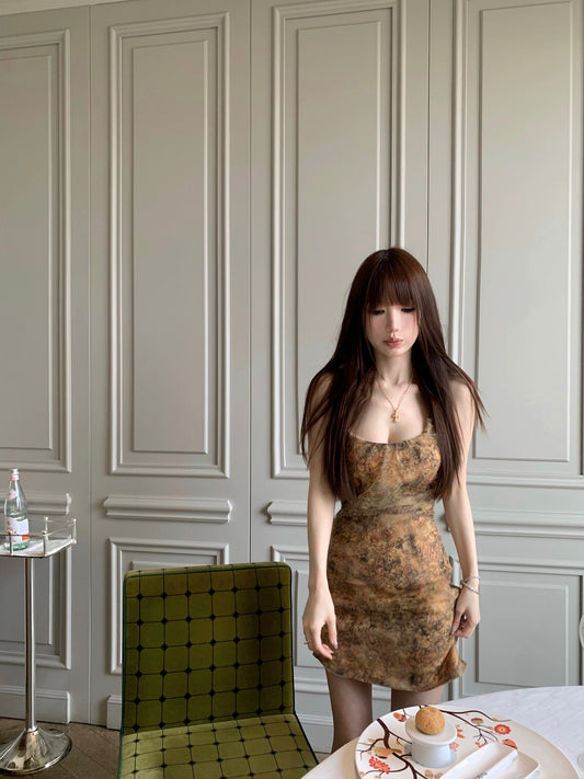CHICYOU [Hazy Smoke] Yellow Organza Slim Pleated Cool Dress Slimming Waist Skirt