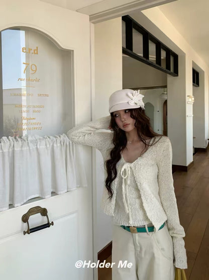 HOLDER 2026 Autumn/Winter New Women’s Two-Piece Set: Spaghetti-Strap Knit Tank Top + Casual Tie-Front Cardigan