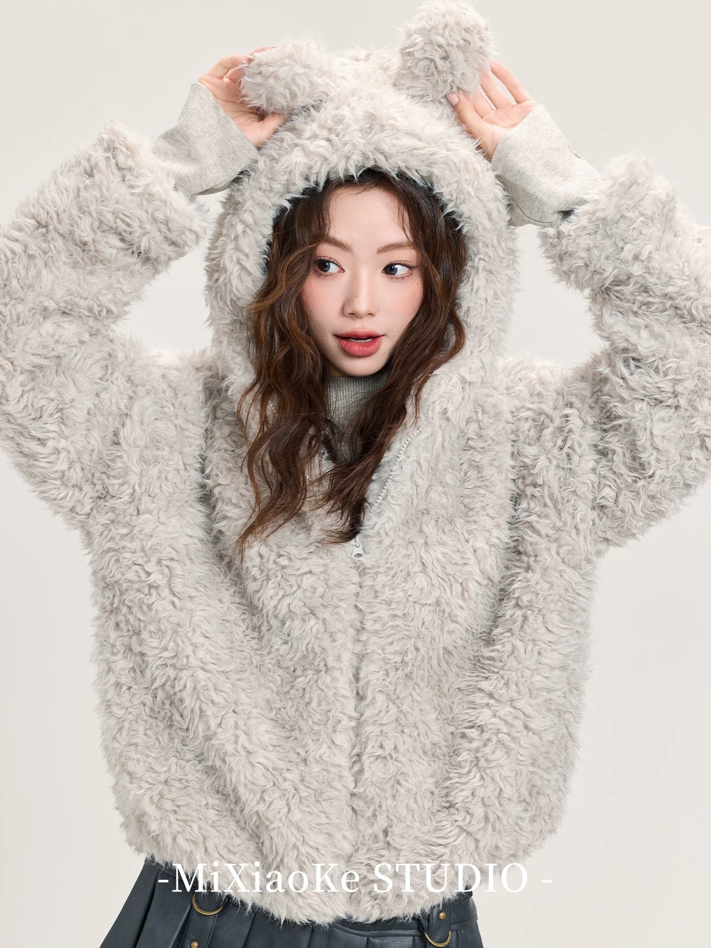 Mi Xiaoke Soft and Thick Warm Lambswool Coat Women's Winter Hooded Plush Top Short Cardigan for Petite Women