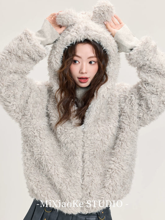 Mi Xiaoke Soft and Thick Warm Lambswool Coat Women's Winter Hooded Plush Top Short Cardigan for Petite Women