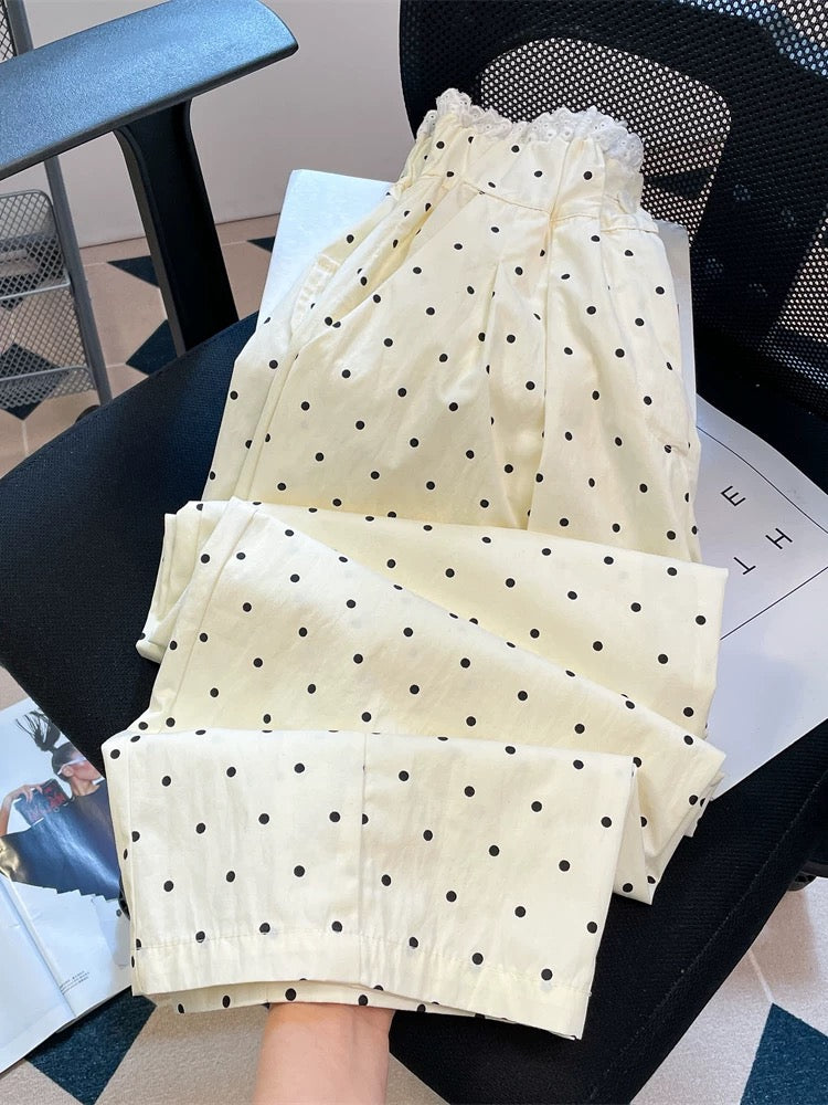 Super beautiful lace stitching polka dot floor-length trousers for men and women in summer high-end straight wide-leg casual trousers
