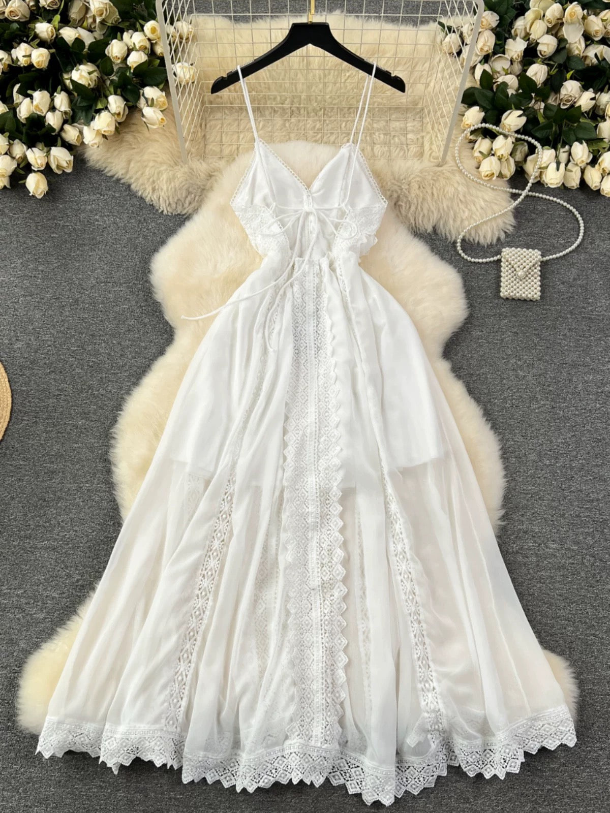 White Moonlight Dress, French-style Pure and Elegant Lace-up Spaghetti Strap Fairy Dress, Unique and Distinctive Vacation Dress