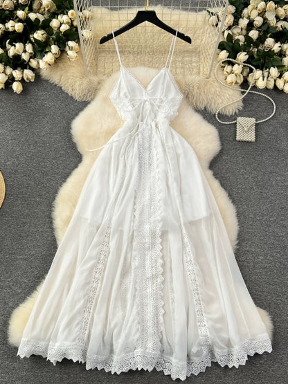White Moonlight Dress, French-style Pure and Elegant Lace-up Spaghetti Strap Fairy Dress, Unique and Distinctive Vacation Dress