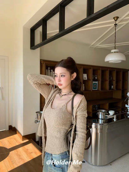 HOLDER 2026 Autumn/Winter New Women’s Two-Piece Set: Spaghetti-Strap Knit Tank Top + Casual Tie-Front Cardigan