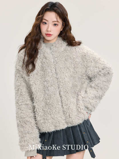 Mi Xiaoke Soft and Thick Warm Lambswool Coat Women's Winter Hooded Plush Top Short Cardigan for Petite Women