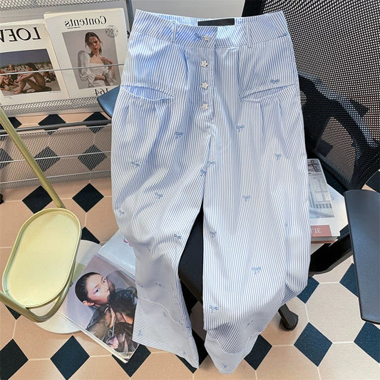 Korean style niche bow embroidered striped wide-leg trousers men and women summer dopamine straight mopping casual trousers