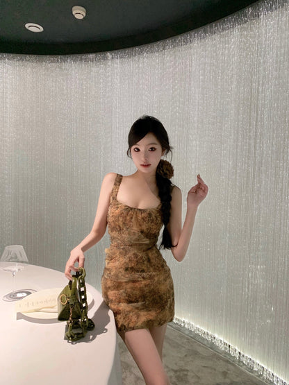 CHICYOU [Hazy Smoke] Yellow Organza Slim Pleated Cool Dress Slimming Waist Skirt