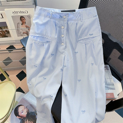 Korean style niche bow embroidered striped wide-leg trousers men and women summer dopamine straight mopping casual trousers