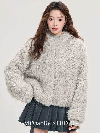 Mi Xiaoke Soft and Thick Warm Lambswool Coat Women's Winter Hooded Plush Top Short Cardigan for Petite Women