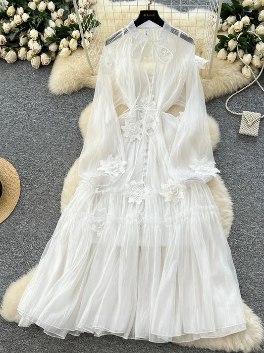 Fairy-like gentle temperament dress, 2025 new style, French three-dimensional floral tie-waist thin mesh vacation dress