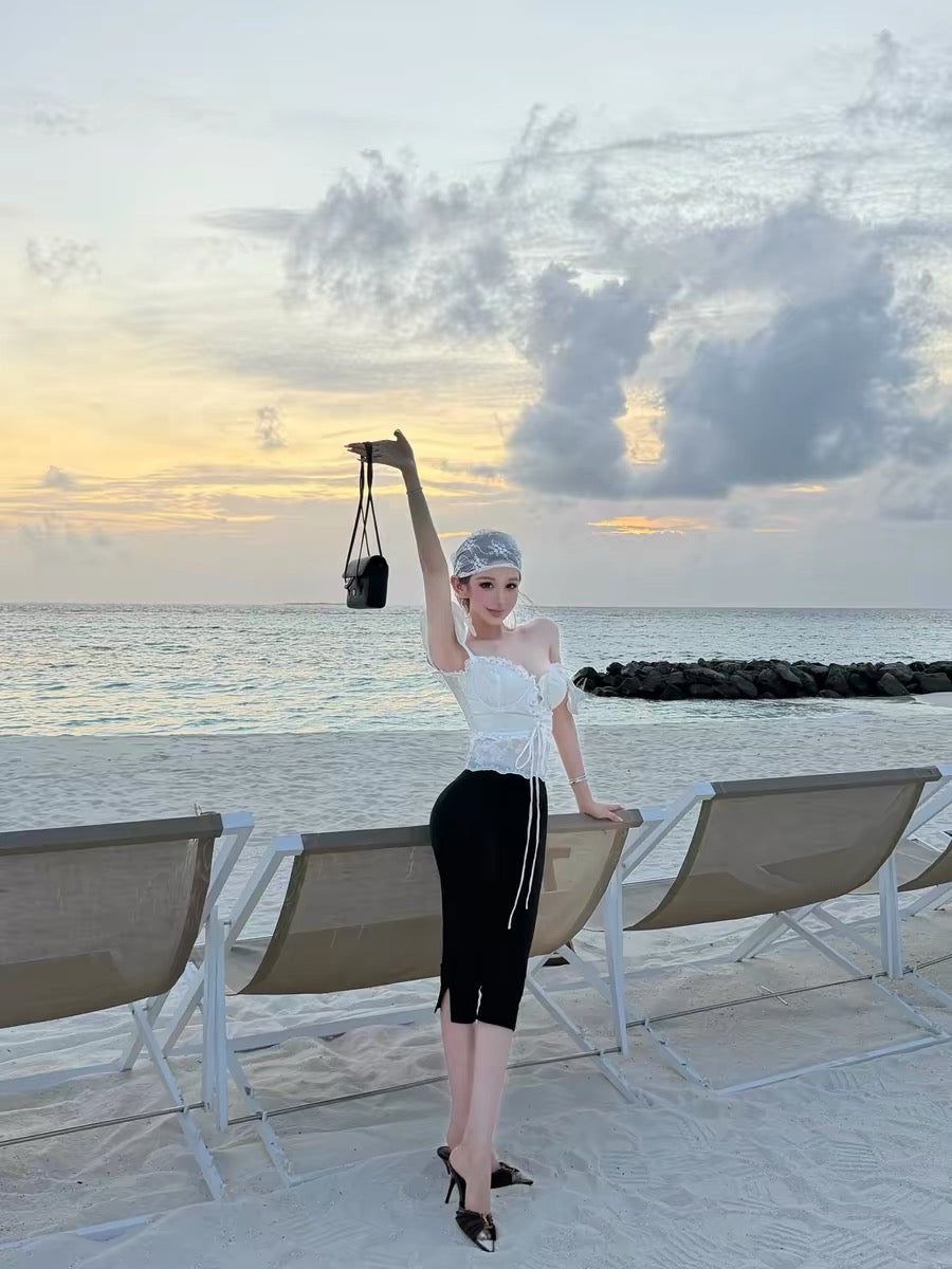 chicbyrr/French-style off-shoulder puff sleeve drawstring waist-cinching top that accentuates the bust