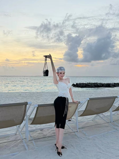 chicbyrr/French-style off-shoulder puff sleeve drawstring waist-cinching top that accentuates the bust
