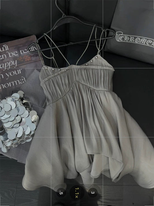 Grey sweet and spicy style camisole for women with asymmetrical hem design 2025 summer pure desire gentle style top