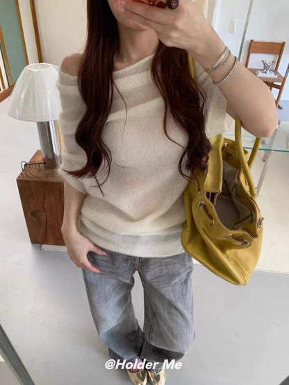 Shisanhang 2026 Autumn/Winter New Collection: Korean-Style Chic Asymmetric One-Shoulder Knitted Top for Women