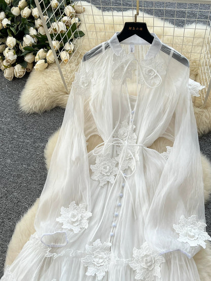 Fairy-like gentle temperament dress, 2025 new style, French three-dimensional floral tie-waist thin mesh vacation dress