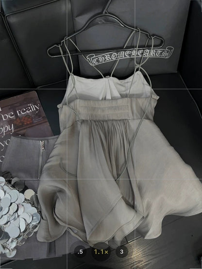Grey sweet and spicy style camisole for women with asymmetrical hem design 2025 summer pure desire gentle style top
