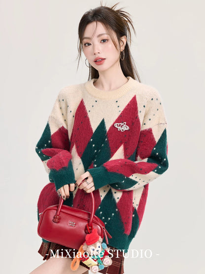 Mi Xiaoke's atmospheric long-sleeved inner sweater for women, autumn and winter, lazy style, retro diamond pattern color blocking round neck knit top