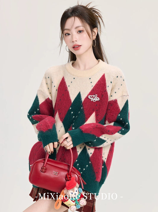 Mi Xiaoke's atmospheric long-sleeved inner sweater for women, autumn and winter, lazy style, retro diamond pattern color blocking round neck knit top