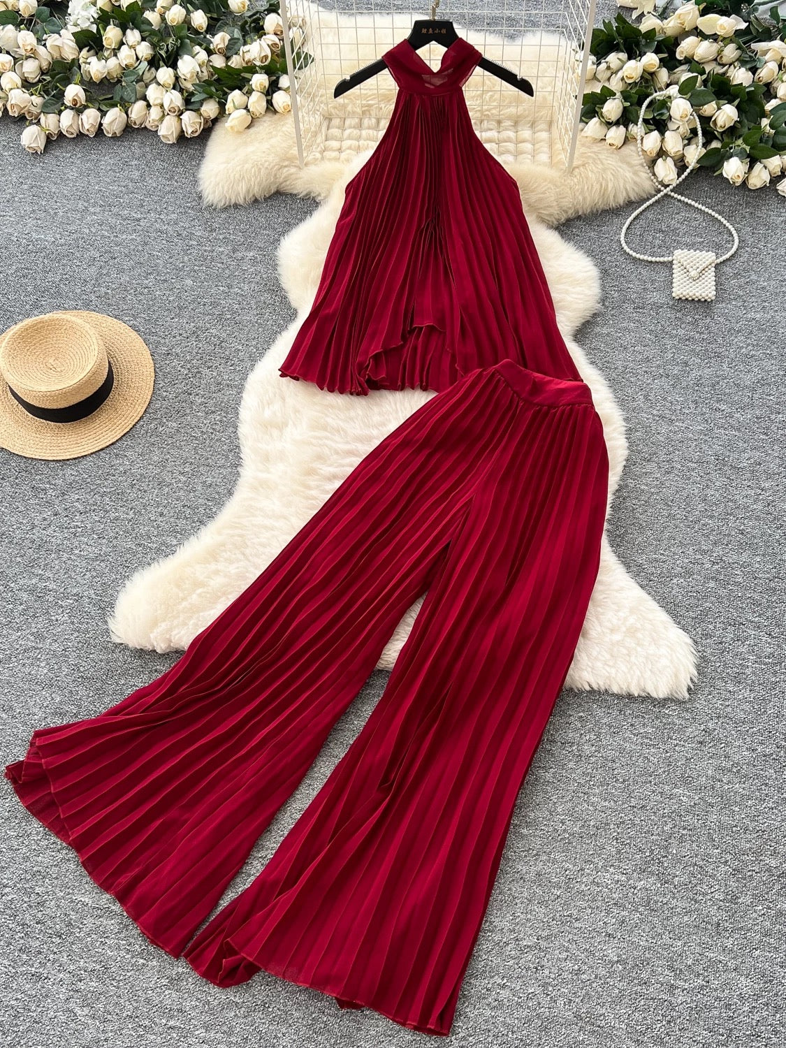 Pure and Desire Vacation Suit for Women: Halter Neck Tie-up Irregular Pleated Top and High-Waisted Wide-Leg Casual Pants