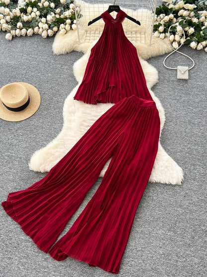 Pure and Desire Vacation Suit for Women: Halter Neck Tie-up Irregular Pleated Top and High-Waisted Wide-Leg Casual Pants