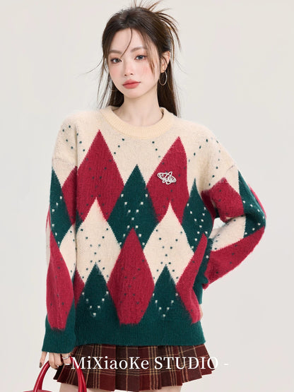 Mi Xiaoke's atmospheric long-sleeved inner sweater for women, autumn and winter, lazy style, retro diamond pattern color blocking round neck knit top